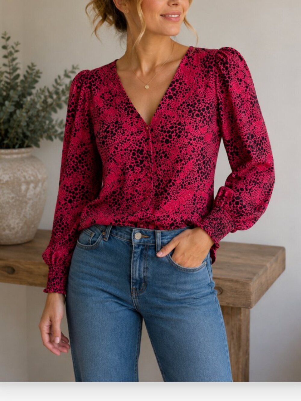 Leith Whimsigoth Red Black Snakeskin Print Blouse Size S Button Front Crepe